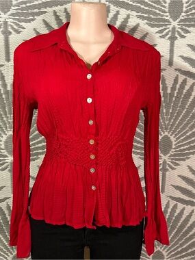 Vintage Y2K Red Ruched Peplum Blouse Bell Sleeve Smocked Waist Fairy Grunge S